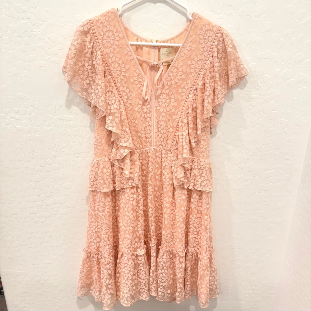 Kate Spade Embroidered Chiffon Dress Womens 8 Blush Pink Lace Ruffle Valentines